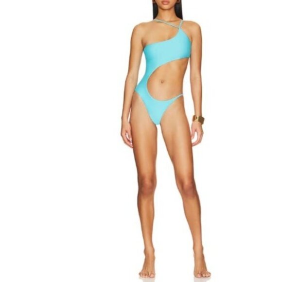 NWT superdown Valerie Asymmetric Cutout Unpadded One Piece Swimsuit Aqua Blue L - Picture 2 of 12